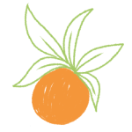 Dibujo de una naranja con algunas hojas verdes.