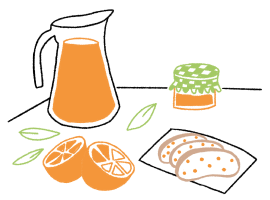 Composición de un posible desayuno con una jarra de zumo de naranja natural, una naranja partida, algunas hojas verdes, un bote de mermelada de kumquat y unas tostadas de pan.