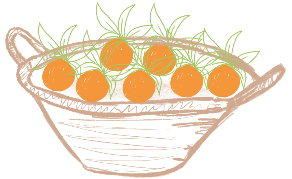 Dibujo de una caja pequeña con siete naranjas de mesa.