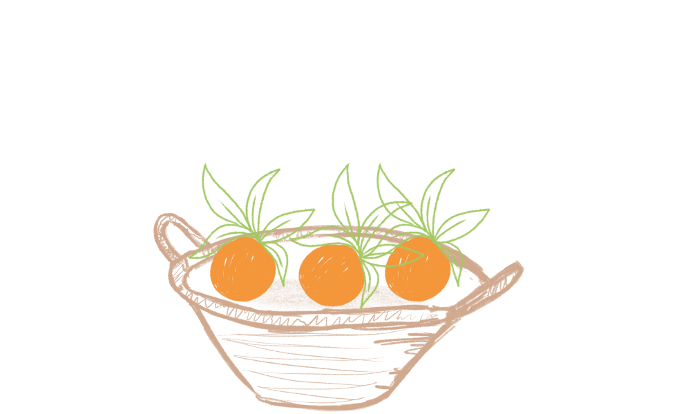 Dibujo de una caja pequeña con tres naranjas de mesa.