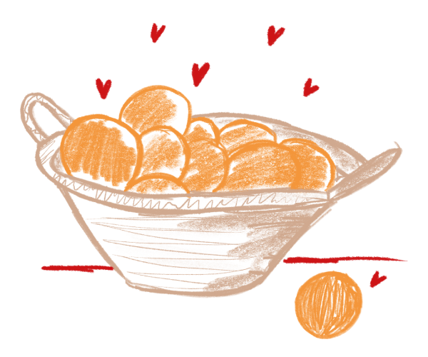 Cesto de mimbre lleno de naranjas. De fondo dibujos de pequeños corazones rojos.